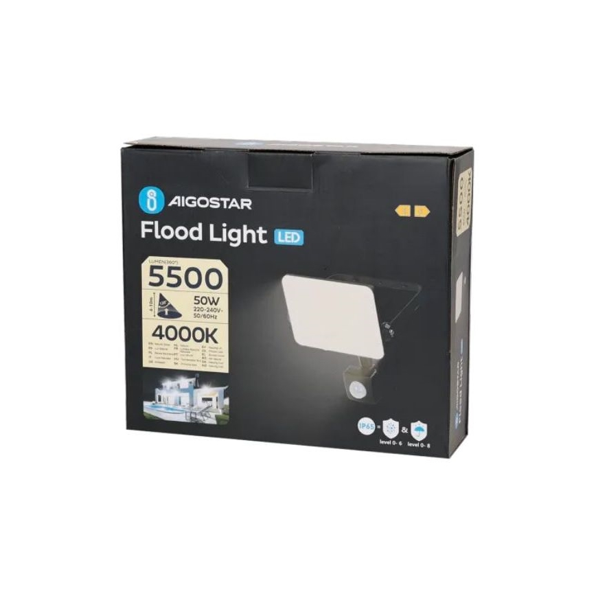 Aigostar - LED Reflektor so senzorom LED/50W/230V 4000K IP65 čierna