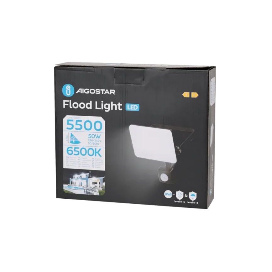 Aigostar - LED Reflektor so senzorom LED/50W/230V 6500K IP65 čierna