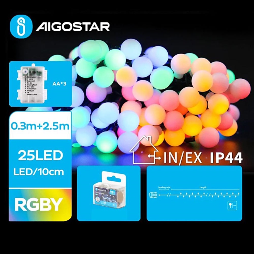 Aigostar - LED RGBY Vonkajšia vianočná reťaz 25xLED/3xAA/8 funkcií 2,8 m IP44