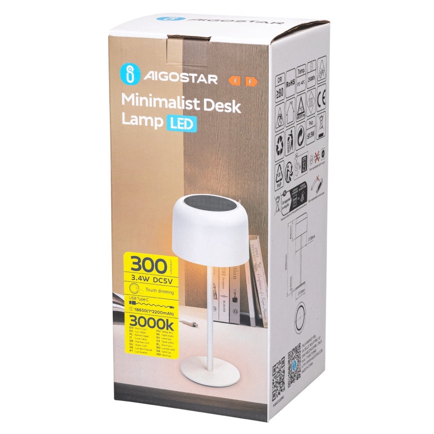 Aigostar - LED Solárna stmievateľná nabíjacia stolná lampa LED/3W/5V 2200mAh biela IP54