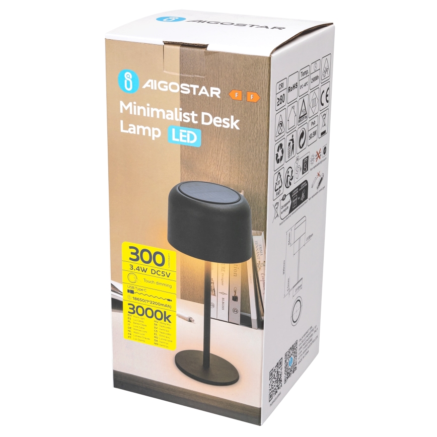 Aigostar - LED Solárna stmievateľná nabíjacia stolná lampa LED/3W/5V 2200mAh čierna IP54