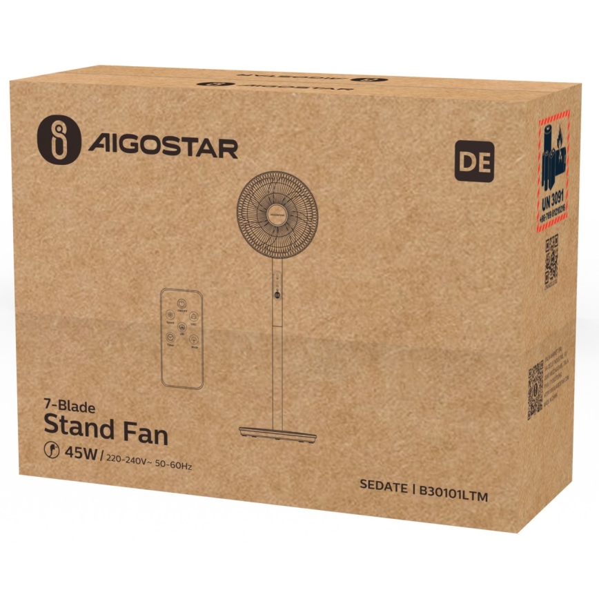 Aigostar - Stojanový ventilátor 45W/230V biela + diaľkové ovládanie