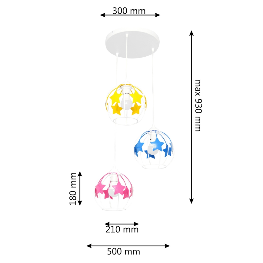 Detský luster na lanku STARS 3xE27/15W/230V modrá/ružová/žltá