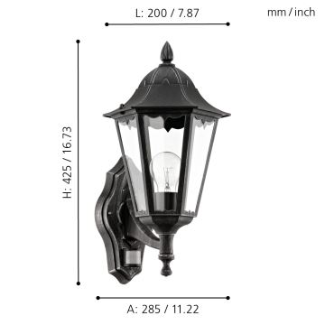 Eglo 93458 - Vonkajšie nástenné svietidlo s čidlom navedie 1xE27/60W/230V