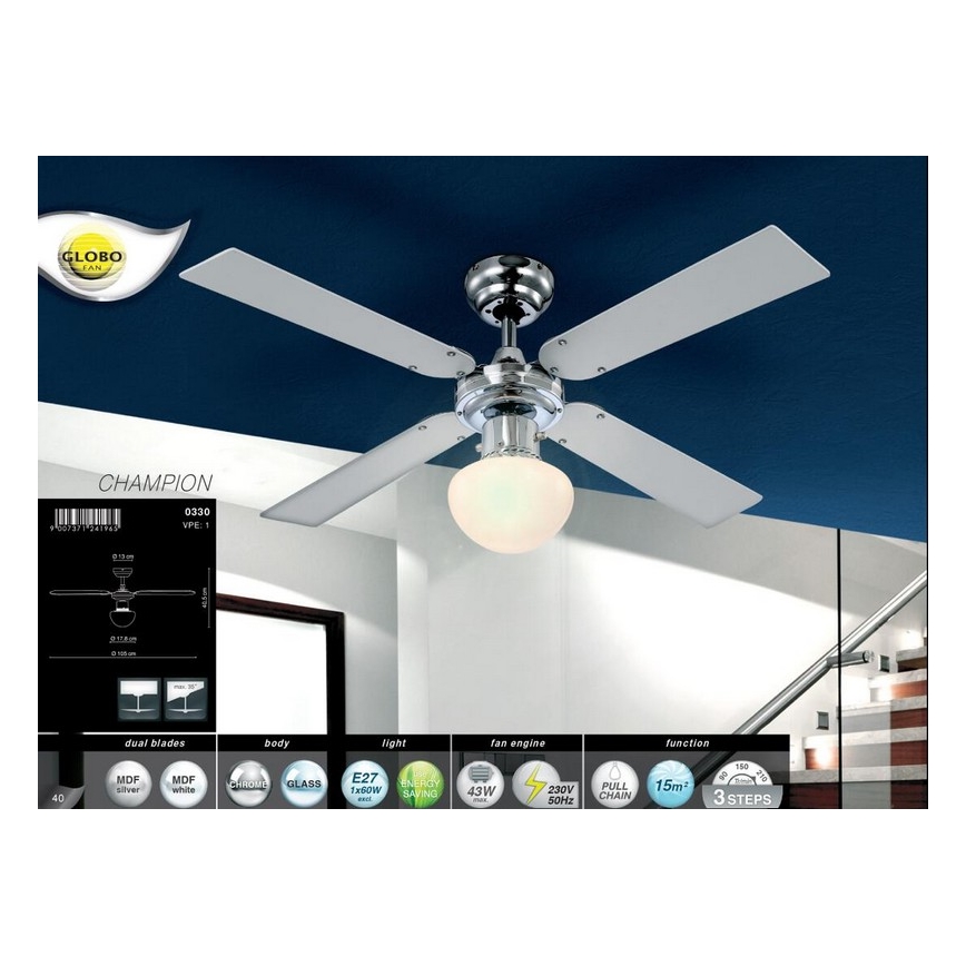 GLOBO 0330 - Stropní ventilátor CHAMPION 1xE27/60W/230V