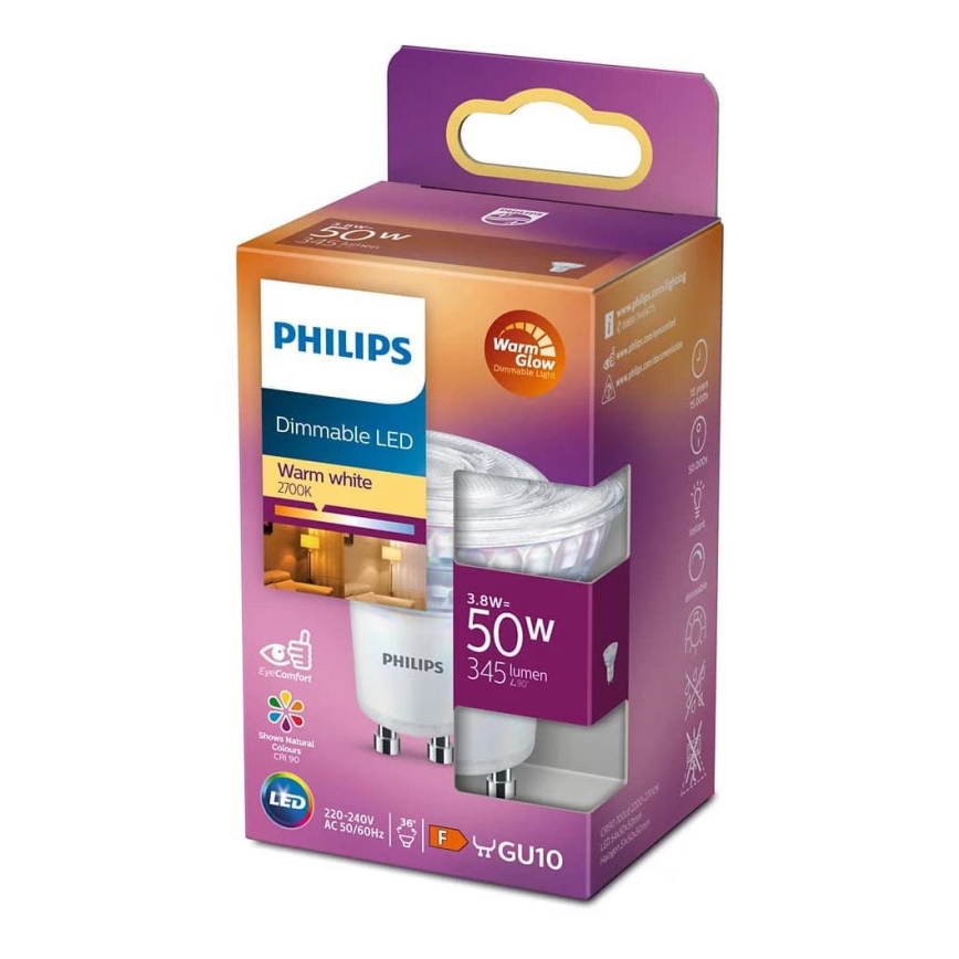 LED Stmievateľná žiarovka Philips Warm Glow GU10/3,8W/230V 2200-2700K CRI90