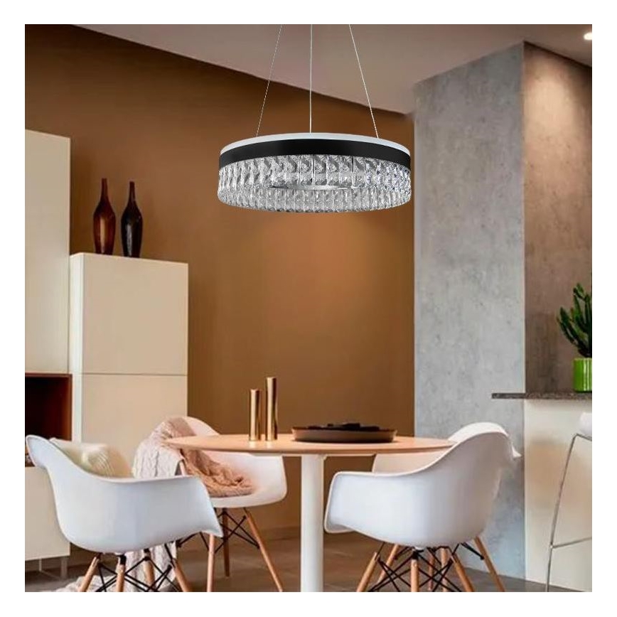 LED Stmievateľný krištáľový luster na lanku LED/90W/230V 3000-6500K čierna + diaľkové ovládanie