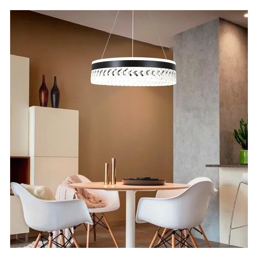 LED Stmievateľný krištáľový luster na lanku LED/90W/230V 3000-6500K čierna + diaľkové ovládanie