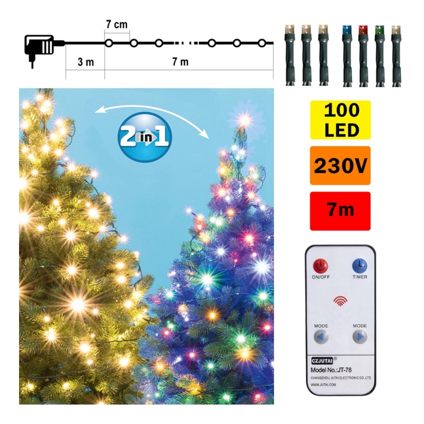 LED Vianočná vonkajšia reťaz 100xLED 10m IP44 teplá biela/multicolor + diaľkové ovládanie
