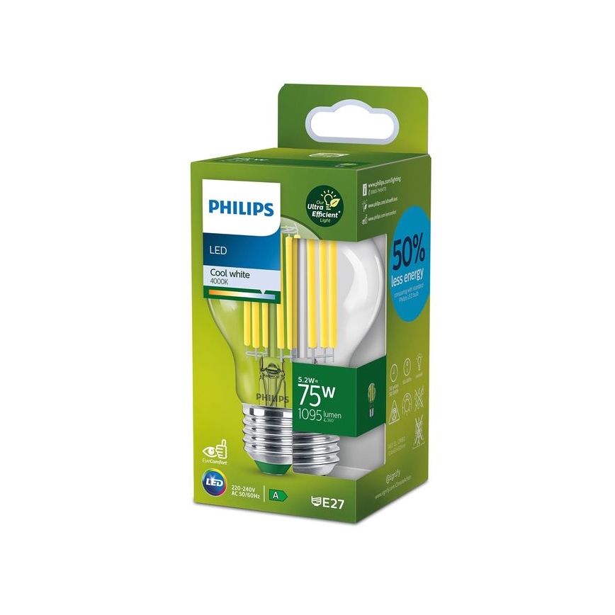 LED Žiarovka FILAMENT Philips A70 E27/5,2W/230V 4000K