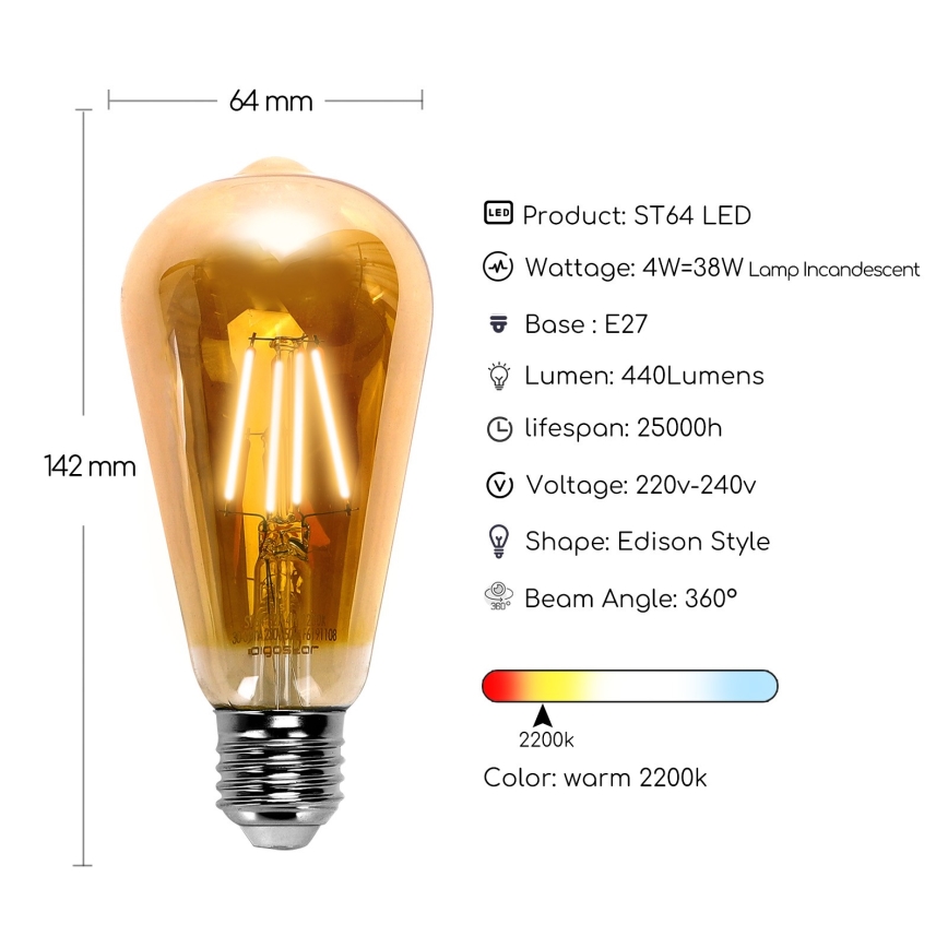 LED Žiarovka ST64 E27/4W/230V 2200K - Aigostar