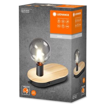 Ledvance - Dotyková stolná lampa s USB konektorom DECOR WOOD 1xE27/8W/230V gumovník