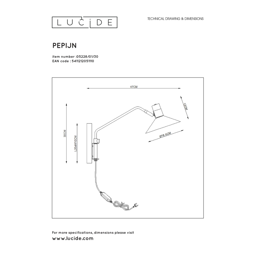 Lucide 05228/01/30 - Stmievateľná nástěnná lampa PEPIJN 1xE14/40W/230V