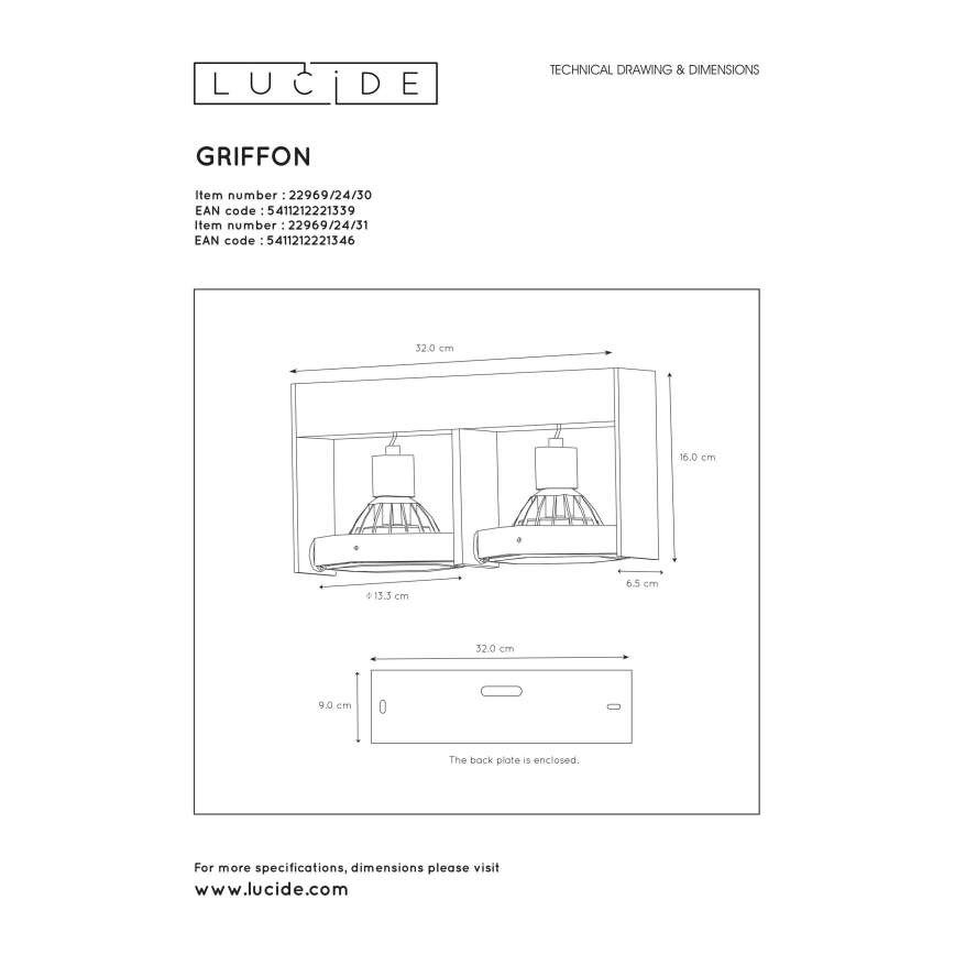 Lucide 22969/24/31 - LED Stmievateľné bodové svietidlo GRIFFON 2xGU10/12W/230V