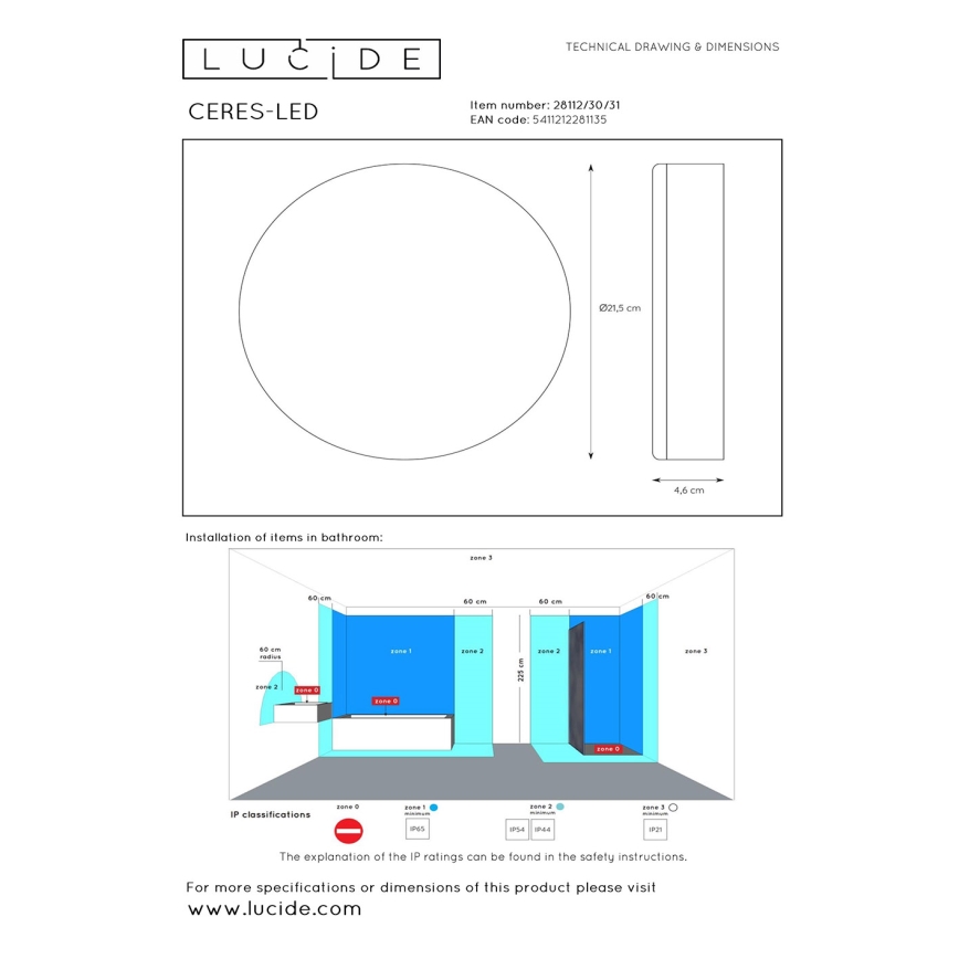 Lucide 28112/30/31 - LED Stmievateľné kúpeľňové svietidlo 2v1 CERES 30W/230V IP44 biela