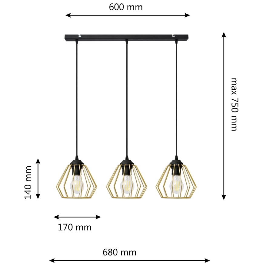 Luster na lanku AGAT 3xE27/60W/230V zlatá/čierna