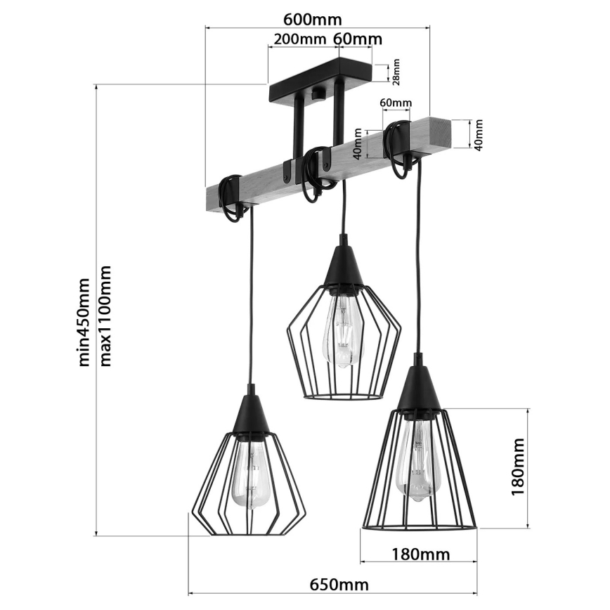 Luster na lanku CAMEROON 3xE27/60W/230V čierna/drevo