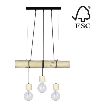 Luster na lanku TRABO 3xE27/60W/230V borovica – FSC certifikované