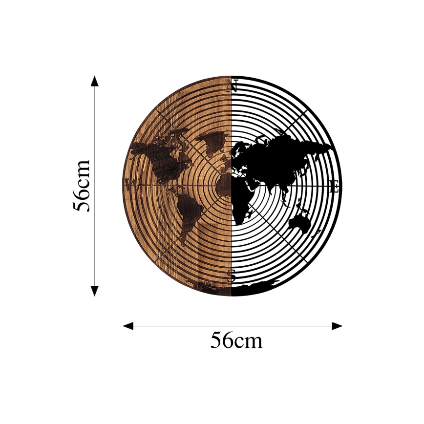 Nástenná dekorácia pr. 56 cm mapa drevo/kov