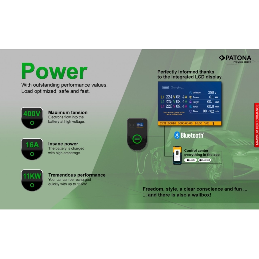 PATONA - Nabíjacia stanica s LCD displejom pre elektromobily 11kW/400V/16A IP54