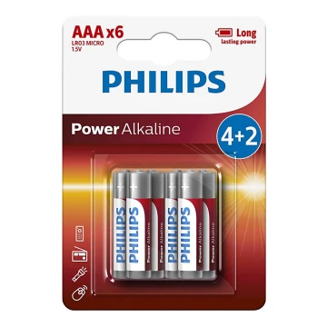 Philips LR03P6BP/10 - 6 ks Alkalická batéria AAA POWER ALKALINE 1,5V 1150mAh