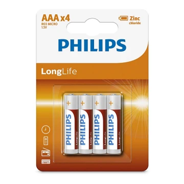 Philips R03L4B/10 - 4 ks Zinkochloridová batéria AAA LONGLIFE 1,5V 450mAh