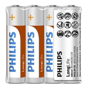 Philips R03L4F/10 - 4 ks Zinkochloridová batéria AAA LONGLIFE 1,5V 450mAh
