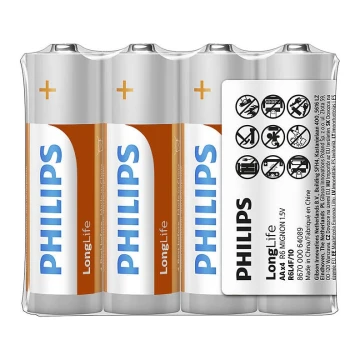 Philips R6L4F/10 - 4 ks Zinkochloridová batéria AA LONGLIFE 1,5V 900mAh