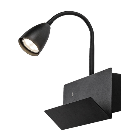 Rabalux - Nástenná lampa s poličkou a USB portom 1xGU10/25W/230V čierna