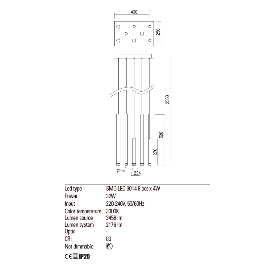 Redo 01-2047 - LED Luster na lanku MADISON 8xLED/4W/230V meď