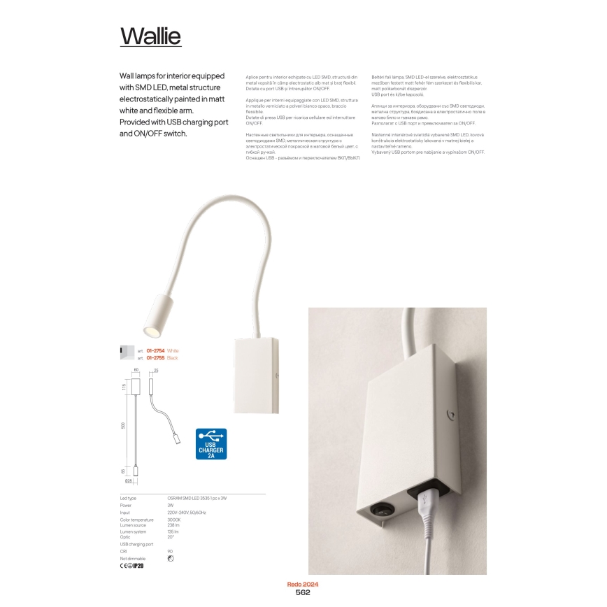 Redo 01-2754 - LED Flexibilná lampička WALLIE LED/3W/230V USB CRI 90 biela