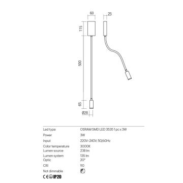 Redo 01-2754 - LED Flexibilná lampička WALLIE LED/3W/230V USB CRI 90 biela