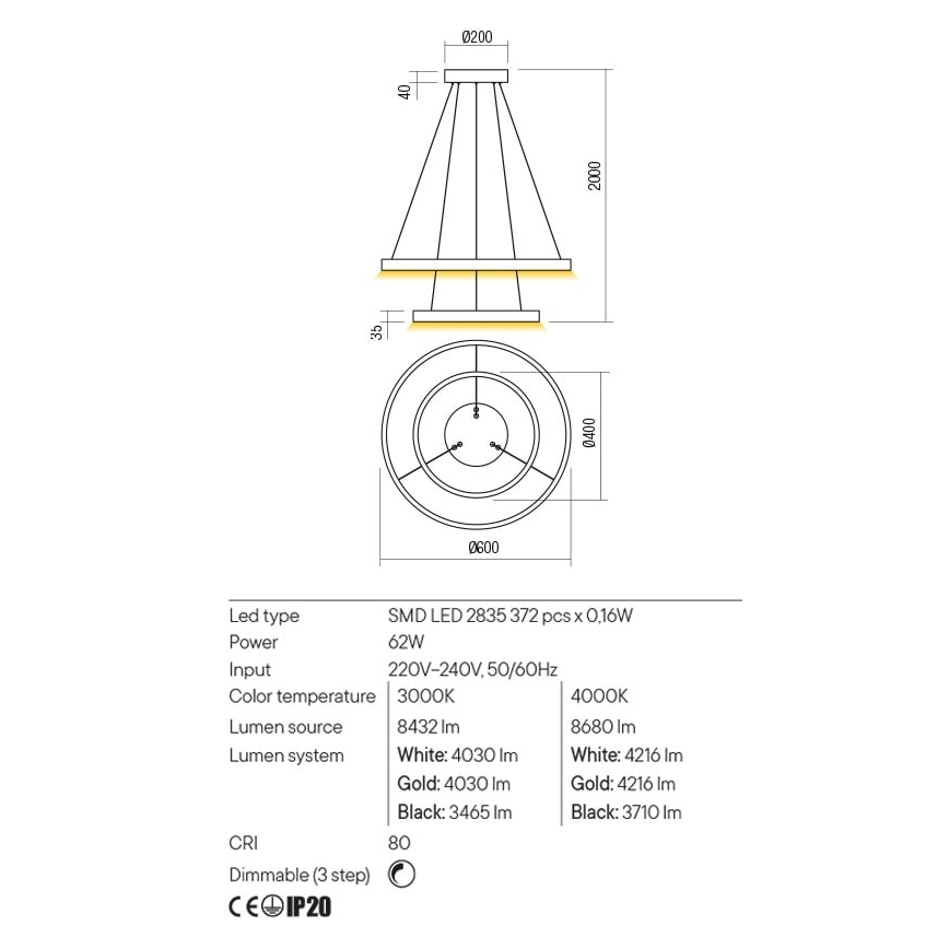 Redo 01-2891 - LED Stmievateľný luster na lanku FEBE LED/62W/230V čierna