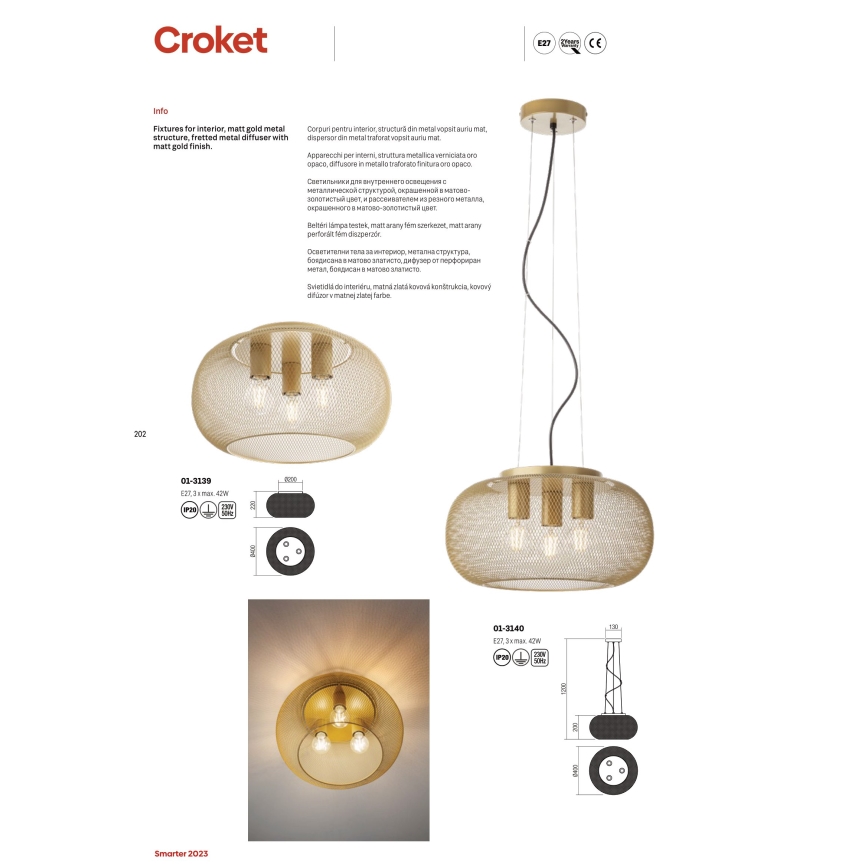 Redo 01-3140 - Luster na lanku CROKET 3xE27/42W/230V pr. 40 cm zlatá