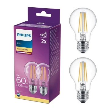 SADA 2x LED Žiarovka Philips A60 E27/7W/230V 2700K